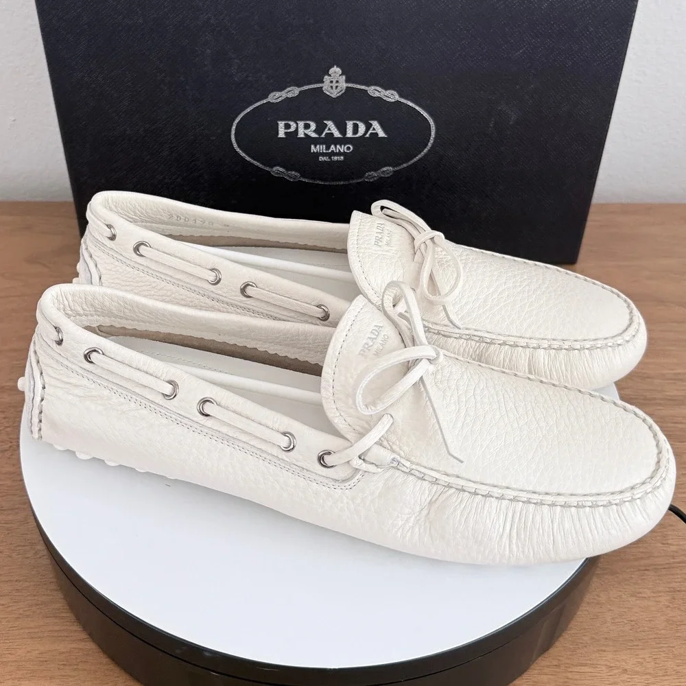 Prada Mens Bianco White Pebbled Leather Driving Loafers 2DD190 US Size 9